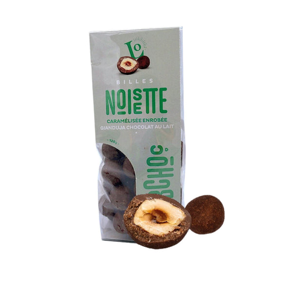 Noisettes caramélisées enrobées gianduja et chocolat au lait 120g - Lorlut