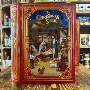 Boîte Métallique Livre Crèche de Noël - Chocolats et Étoiles à la Cannelle