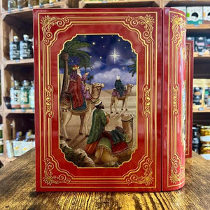 Boîte Métallique Livre Crèche de Noël - Chocolats et Étoiles à la Cannelle